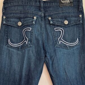 Y2K Rock & Republic Low Rise Jeans Boot cut Dark Wash Pink Logo Stitching Sz 28